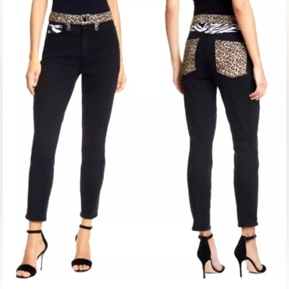 Alice + Olivia Black and Leopard Boot Cut Jeans